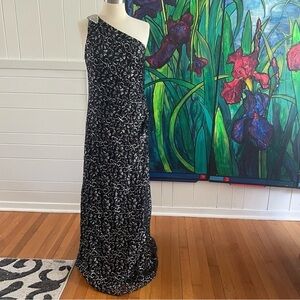 $99 SALE Holiday Party Dress Metallic Lace Gown Formal Black Silver Calvin Klein
